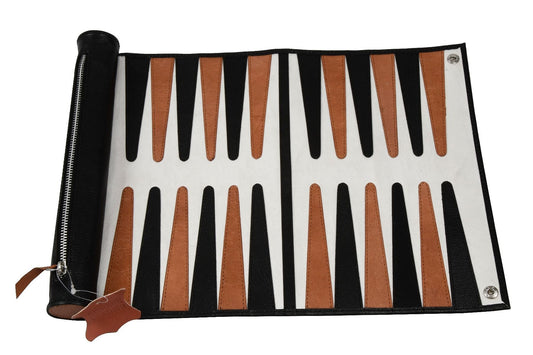 Genuine Leather Roll-up Backgammon Set in Black & Brown Color