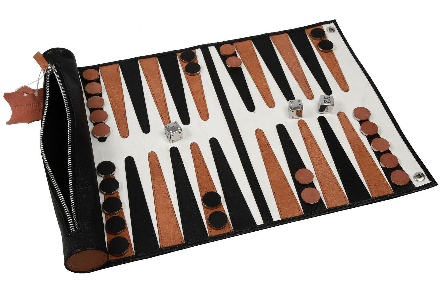 Genuine Leather Roll-up Backgammon Set in Black & Brown Color