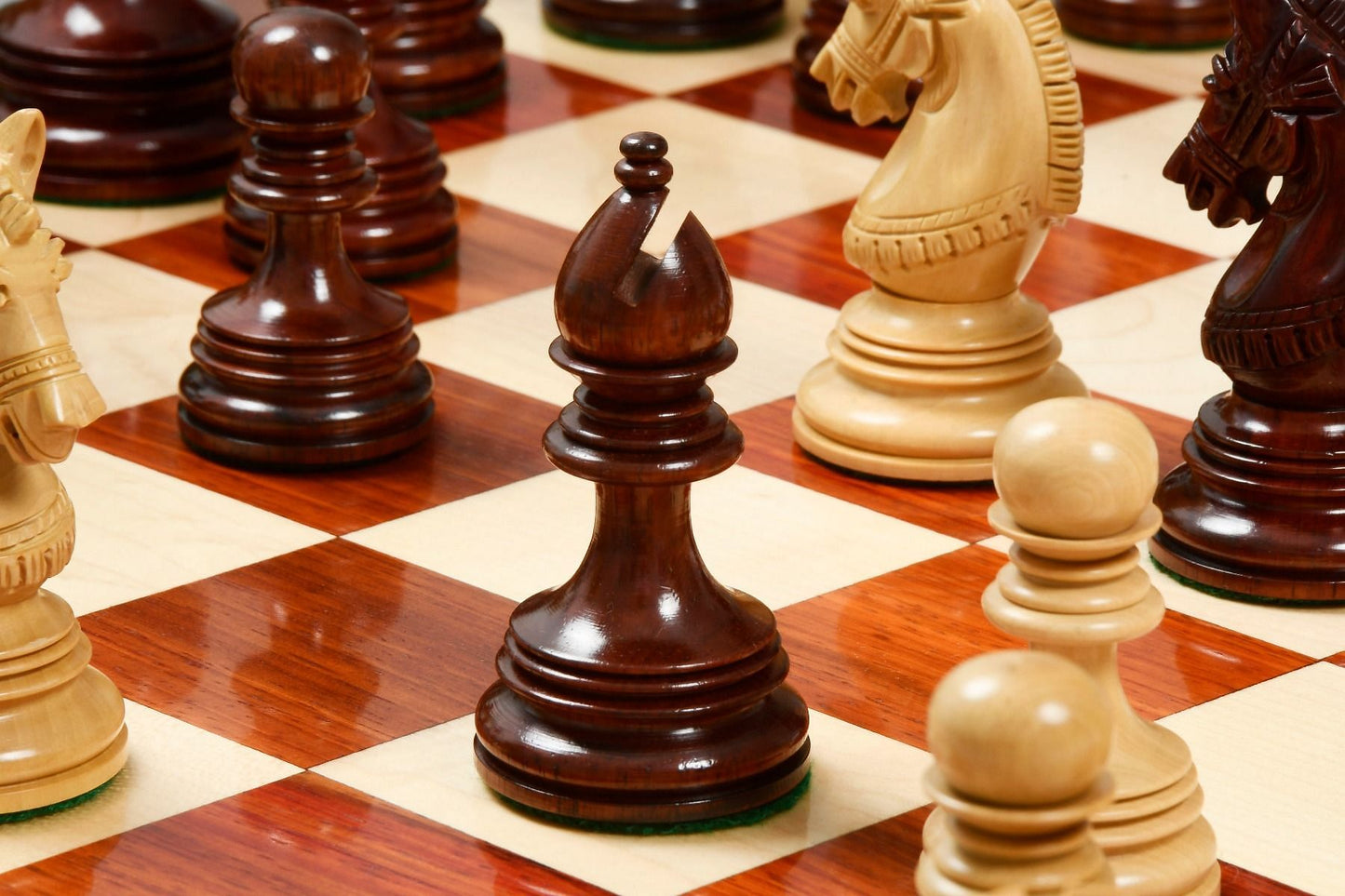 Combo of Indian Chetak II Customized Staunton Chess Set in Bud Rose / Box Wood with Bud Rosewood Chess Board - 4.2" King