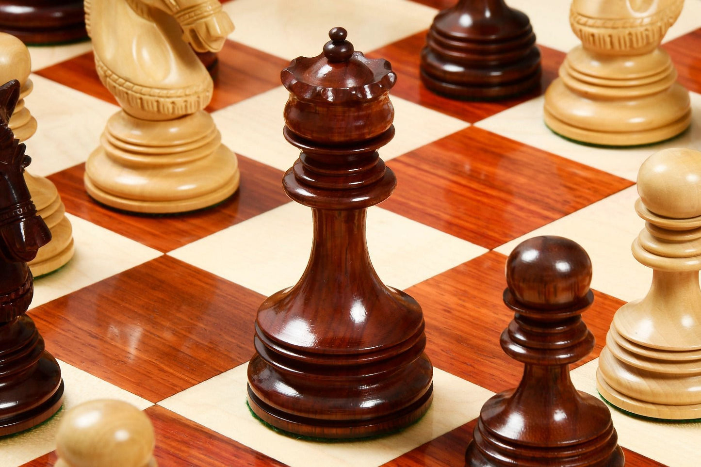 Combo of Indian Chetak II Customized Staunton Chess Set in Bud Rose / Box Wood with Bud Rosewood Chess Board - 4.2" King