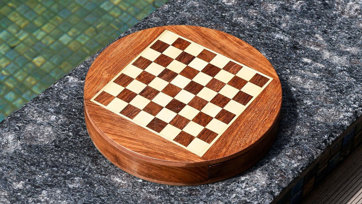 Travel Series Round Magnetic Chess Set in Sheesham & Maple-9"