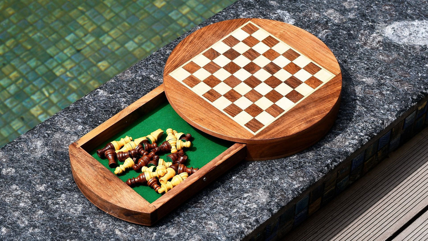 Travel Series Round Magnetic Chess Set in Sheesham & Maple-9"