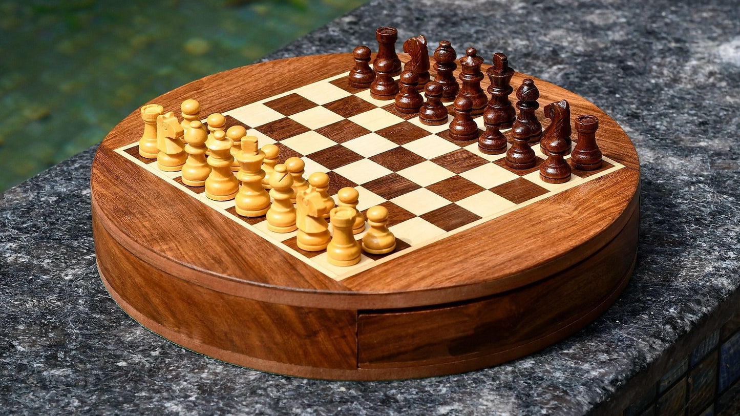 Travel Series Round Magnetic Chess Set in Sheesham & Maple-9"