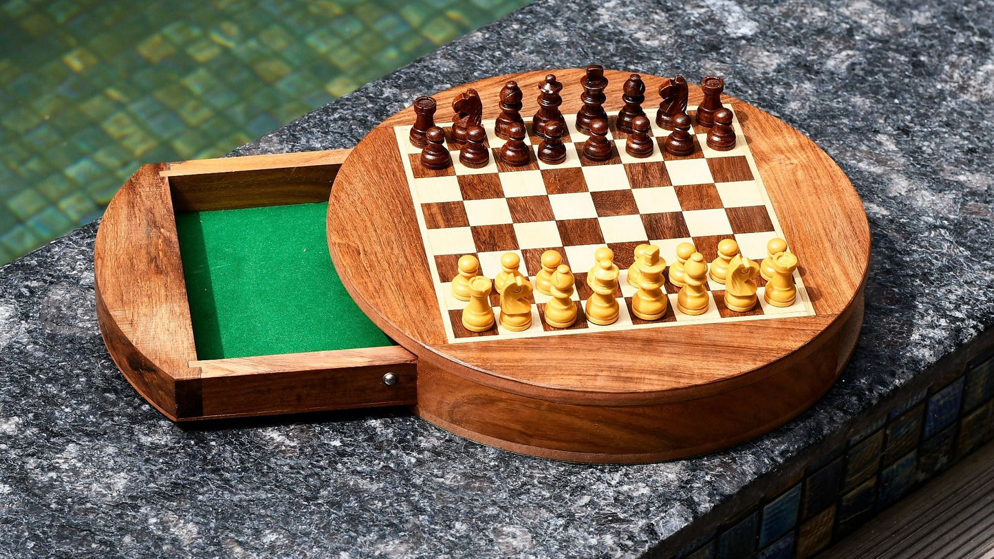 Travel Series Round Magnetic Chess Set in Sheesham & Maple-9"