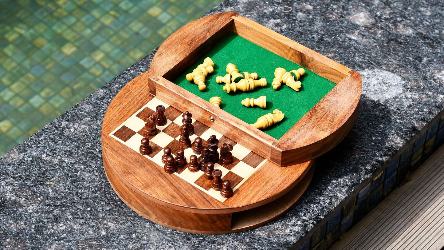 Travel Series Round Magnetic Chess Set in Sheesham & Maple-9"