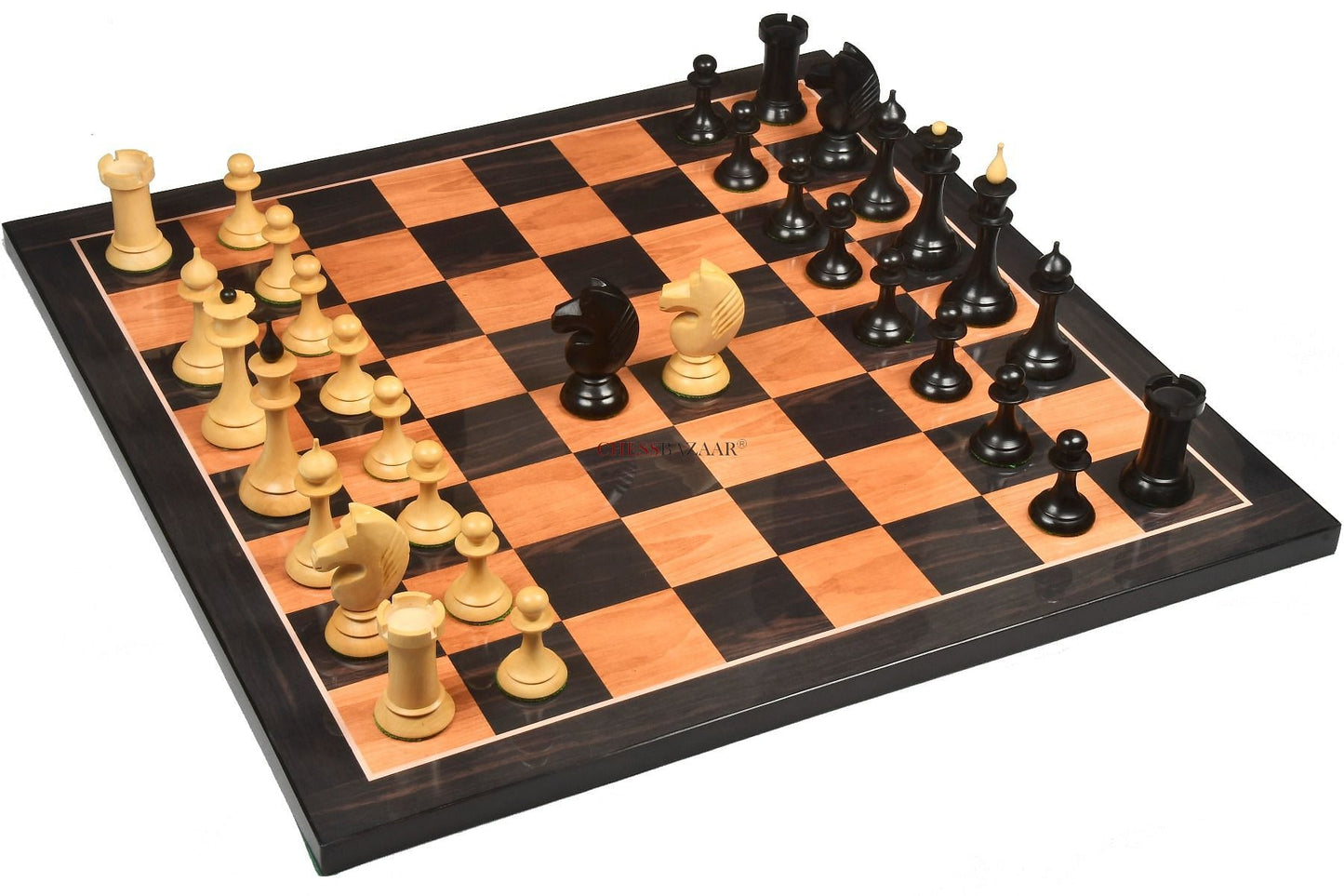 The 1950s Soviet (Russian) Latvian Reproduced Chess Pieces in Ebonized Boxwood & Natural Boxwood - 4.1" King