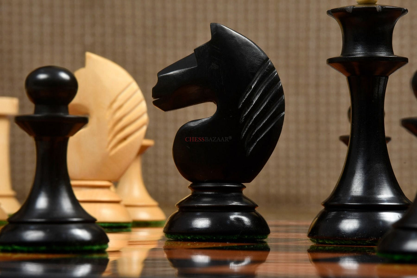 The 1950s Soviet (Russian) Latvian Reproduced Chess Pieces in Ebonized Boxwood & Natural Boxwood - 4.1" King