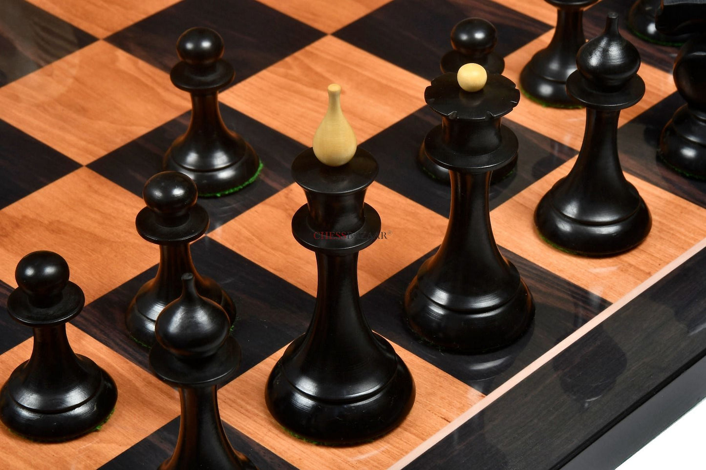 The 1950s Soviet (Russian) Latvian Reproduced Chess Pieces in Ebonized Boxwood & Natural Boxwood - 4.1" King