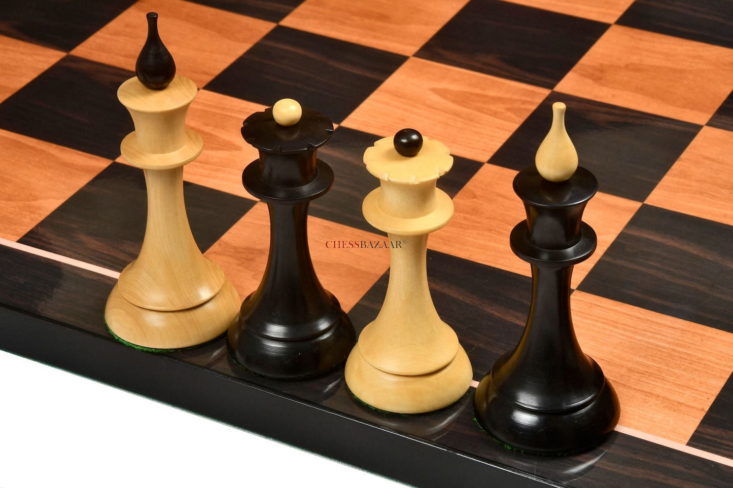 The 1950s Soviet (Russian) Latvian Reproduced Chess Pieces in Ebonized Boxwood & Natural Boxwood - 4.1" King