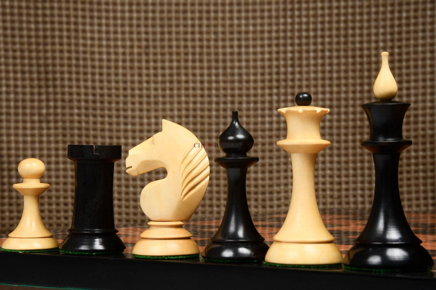 The 1950s Soviet (Russian) Latvian Reproduced Chess Pieces in Ebonized Boxwood & Natural Boxwood - 4.1" King