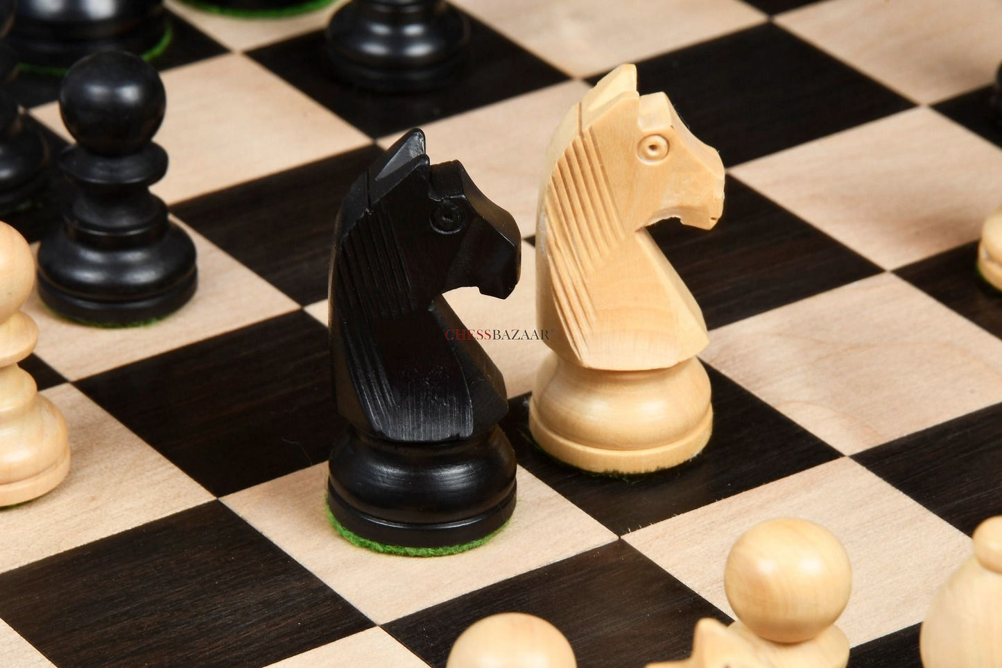 Tournament Series Staunton Chess Pieces with German Knight in Ebonized Boxwood & Box Wood - 3" King