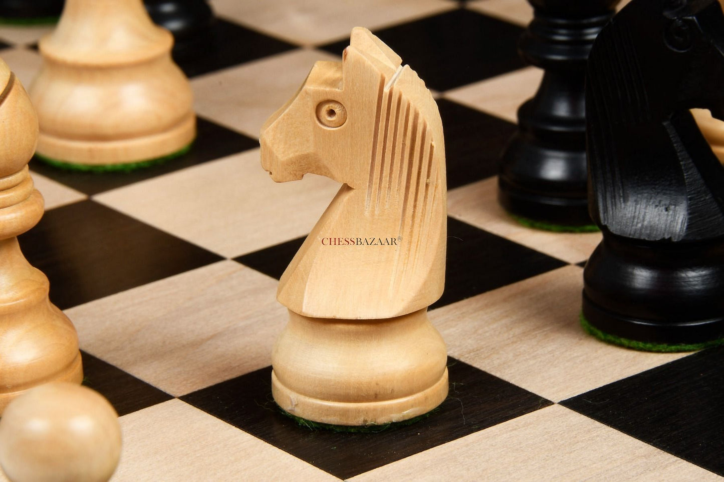 Tournament Series Staunton Chess Pieces with German Knight in Ebonized Boxwood & Box Wood - 3" King