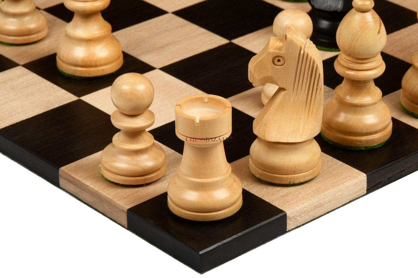 Tournament Series Staunton Chess Pieces with German Knight in Ebonized Boxwood & Box Wood - 3" King