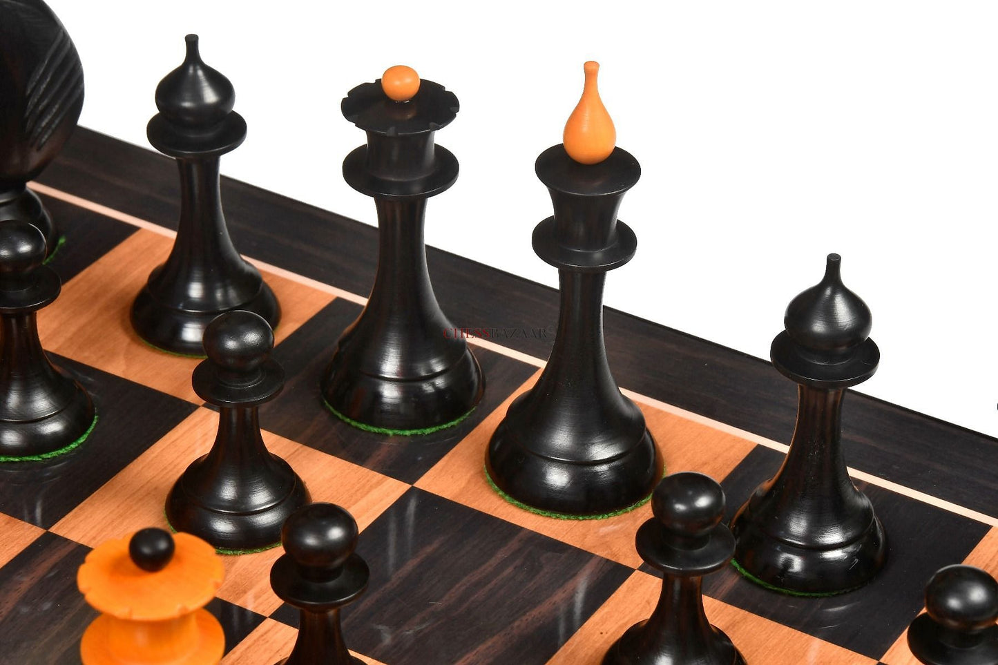 The 1950s Soviet (Russian) Latvian Reproduced Chess Pieces in Ebonized Boxwood / Antiqued Boxwood - 4.1" King