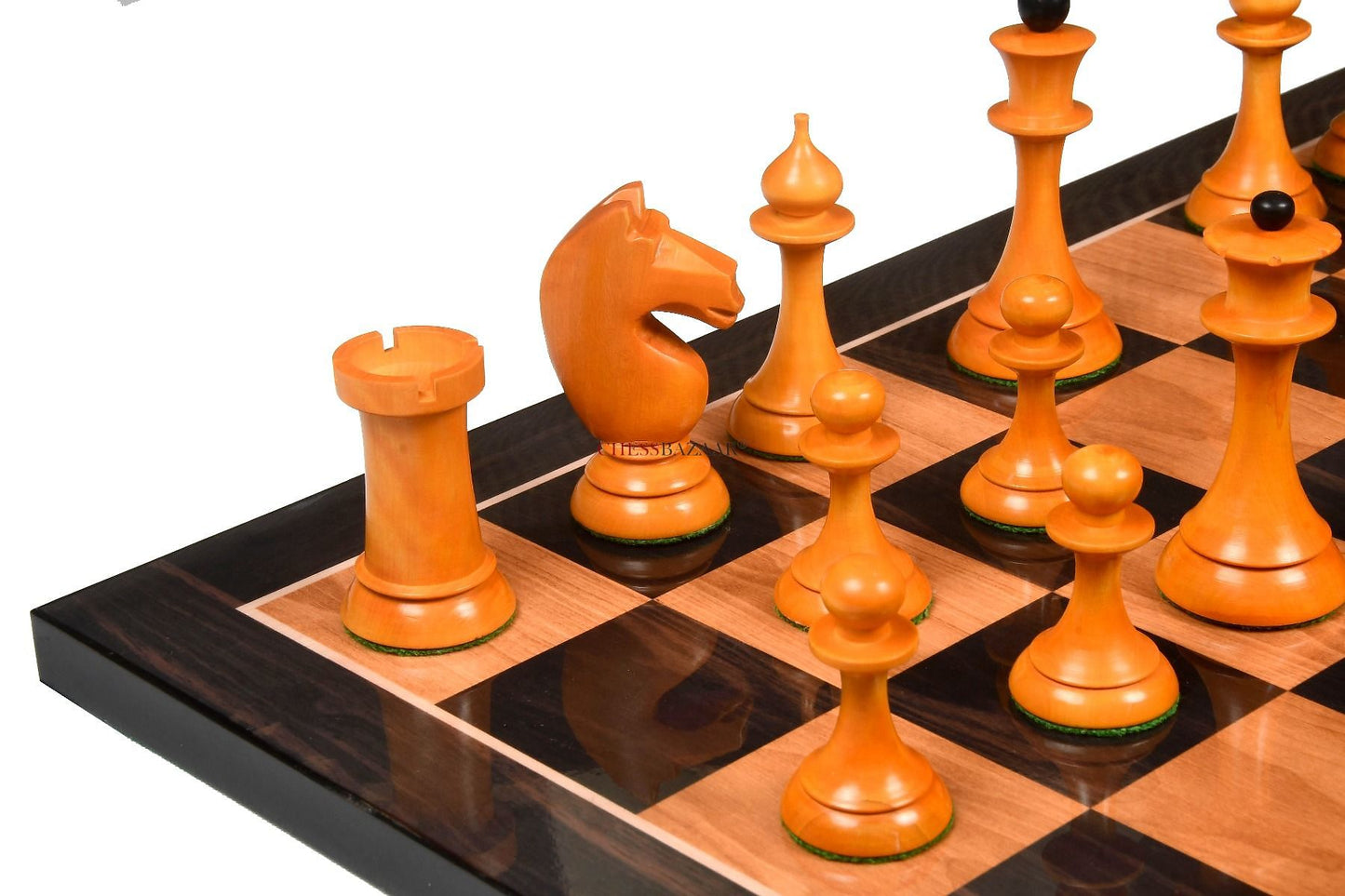 The 1950s Soviet (Russian) Latvian Reproduced Chess Pieces in Ebonized Boxwood / Antiqued Boxwood - 4.1" King