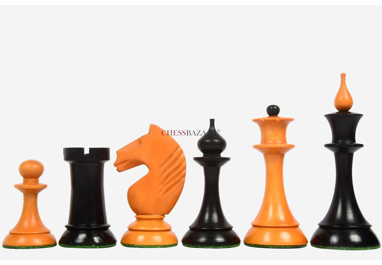 The 1950s Soviet (Russian) Latvian Reproduced Chess Pieces in Ebonized Boxwood / Antiqued Boxwood - 4.1" King