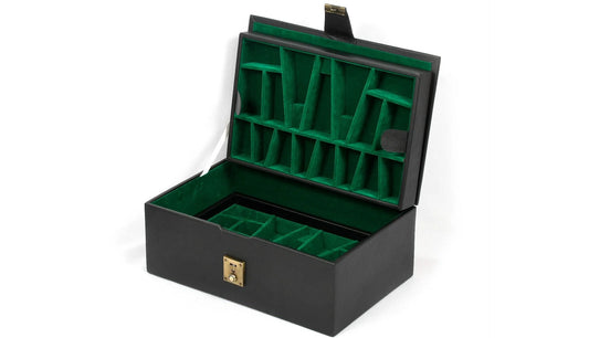 Leatherette Chess Set Storage Box with Double Tray Fixed Slots for 4" - 4.25" Pieces in Black