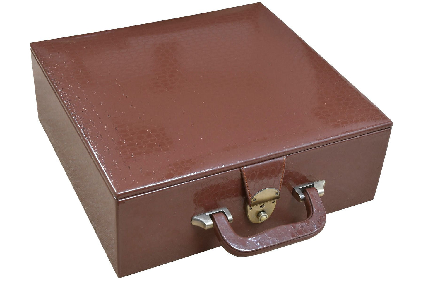 Brown Leatherette Chess Set Coffer Storage Box with Hi-Gloss Crocodile Pattern Finish for 3.6" - 4.1" Pieces