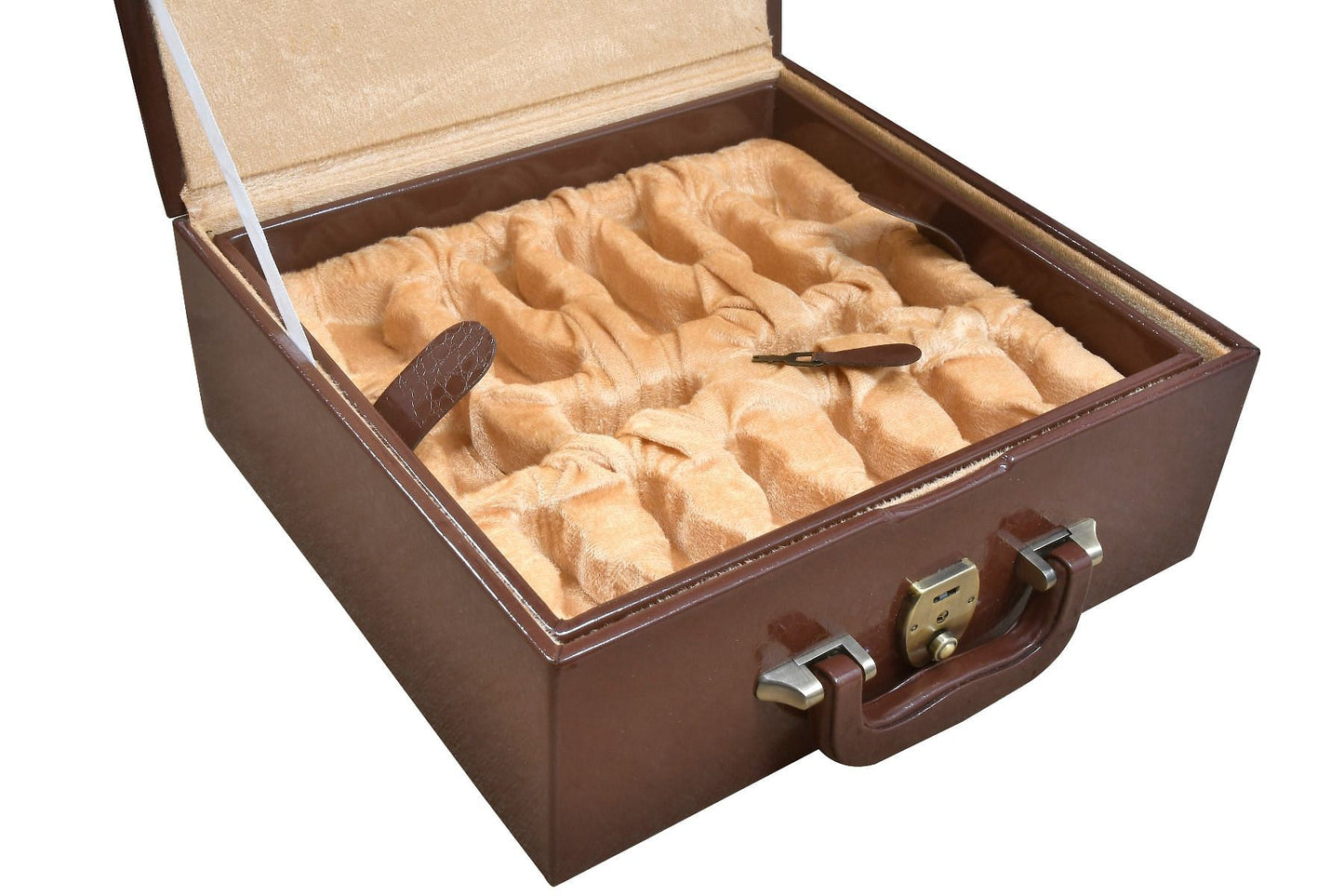 Brown Leatherette Chess Set Coffer Storage Box with Hi-Gloss Crocodile Pattern Finish for 3.6" - 4.1" Pieces