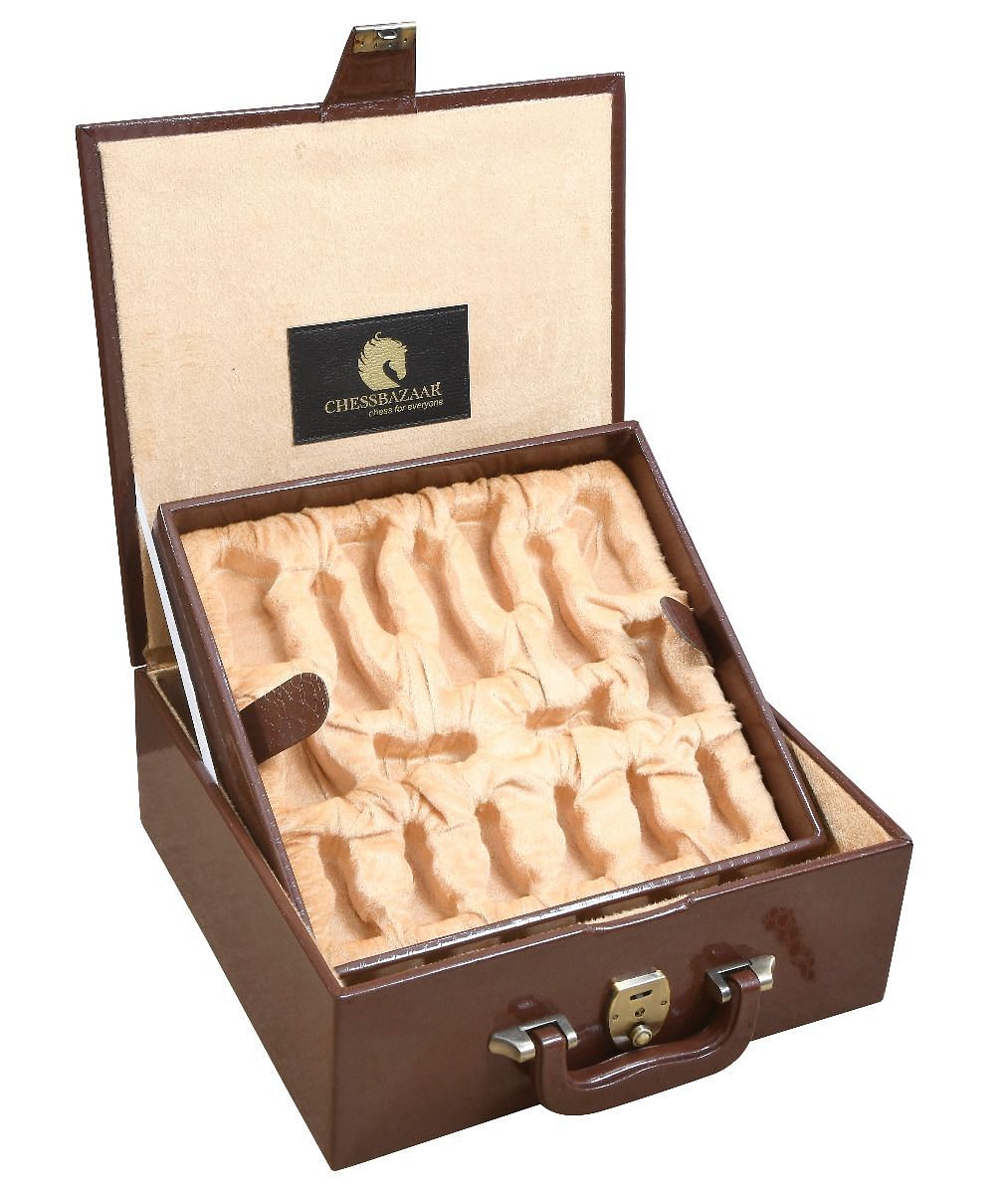 Brown Leatherette Chess Set Coffer Storage Box with Hi-Gloss Crocodile Pattern Finish for 3.6" - 4.1" Pieces