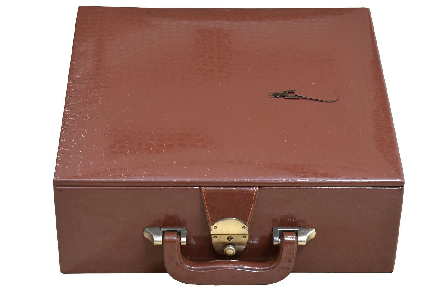 Brown Leatherette Chess Set Coffer Storage Box with Hi-Gloss Crocodile Pattern Finish for 3.6" - 4.1" Pieces