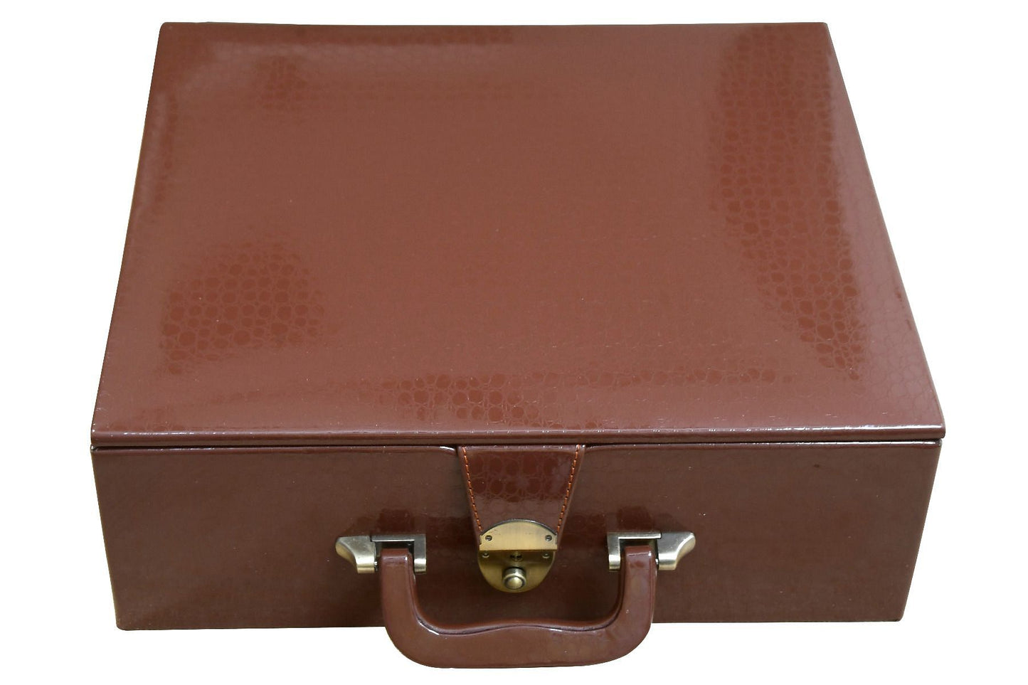 Brown Leatherette Chess Set Coffer Storage Box with Hi-Gloss Crocodile Pattern Finish for 4.2" - 4.7" Pieces