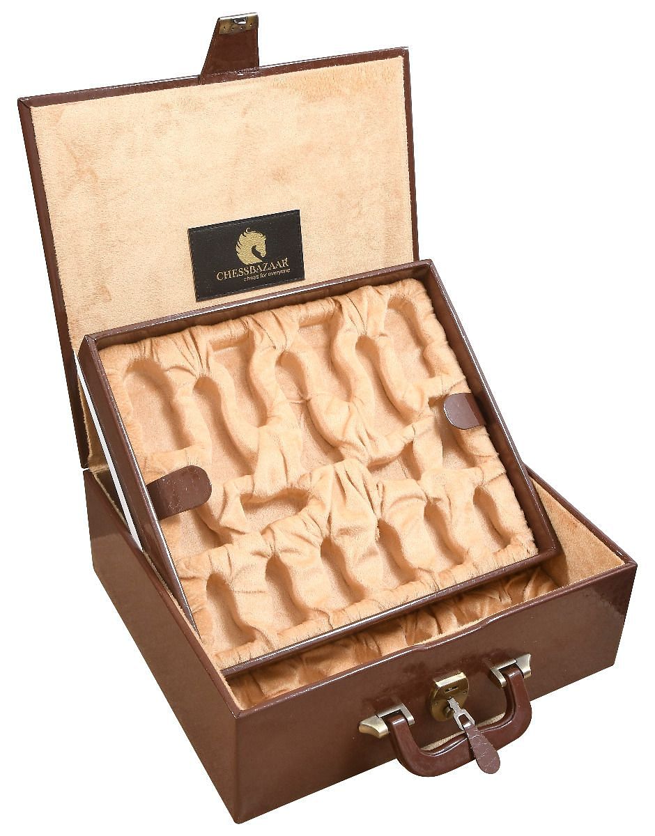 Brown Leatherette Chess Set Coffer Storage Box with Hi-Gloss Crocodile Pattern Finish for 4.2" - 4.7" Pieces