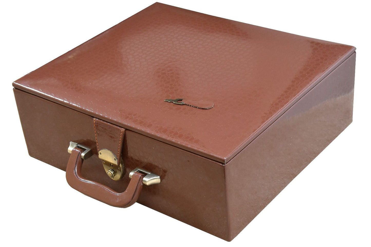 Brown Leatherette Chess Set Coffer Storage Box with Hi-Gloss Crocodile Pattern Finish for 4.2" - 4.7" Pieces