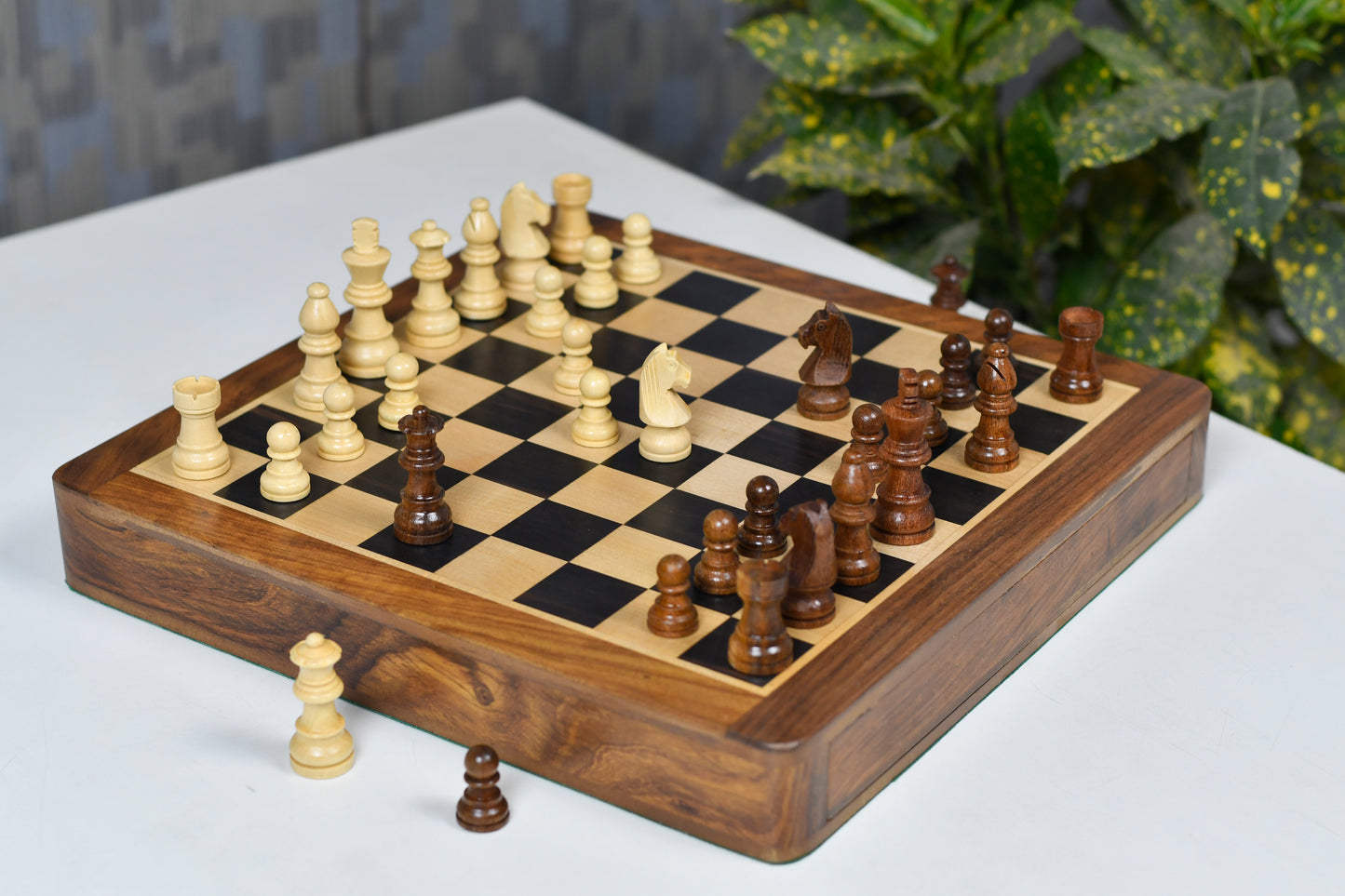 12-Inch Magnetic Travel Chess Set Drawer Storage Matte Finish Genuine Ebony Wood, Extra Queens
