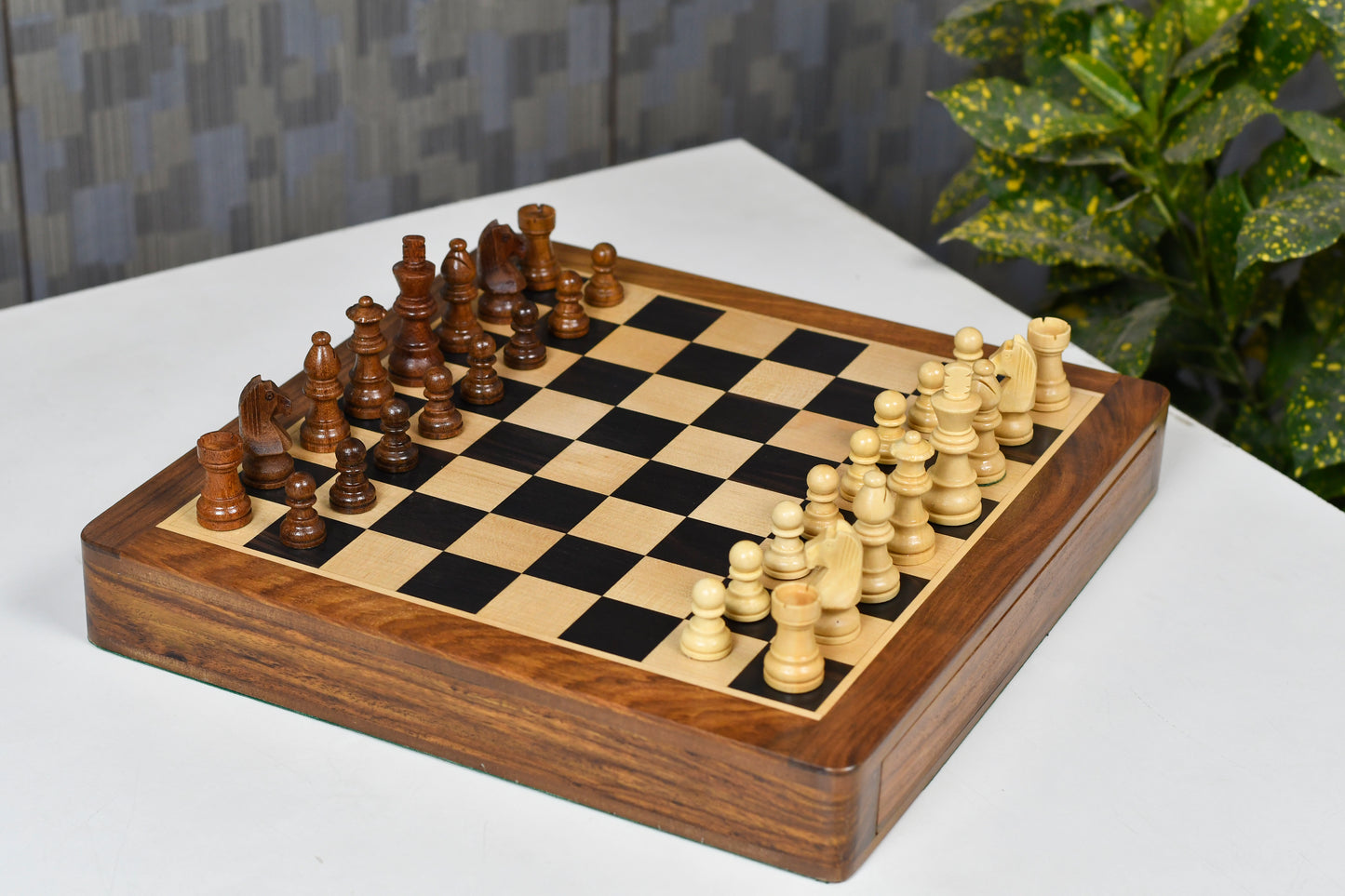 12-Inch Magnetic Travel Chess Set Drawer Storage Matte Finish Genuine Ebony Wood, Extra Queens
