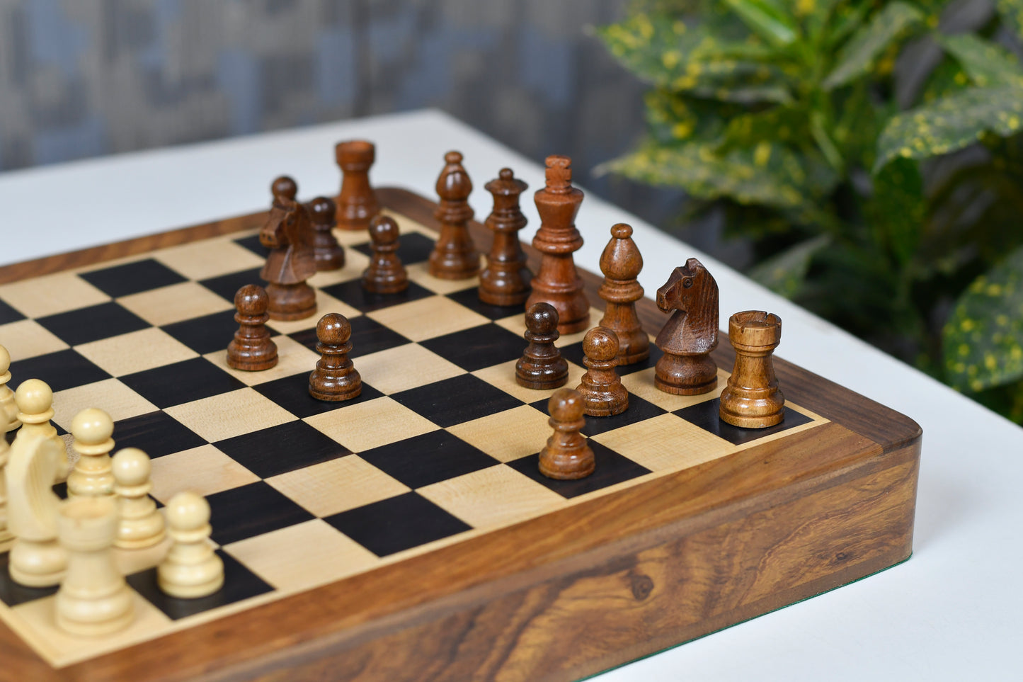 12-Inch Magnetic Travel Chess Set Drawer Storage Matte Finish Genuine Ebony Wood, Extra Queens