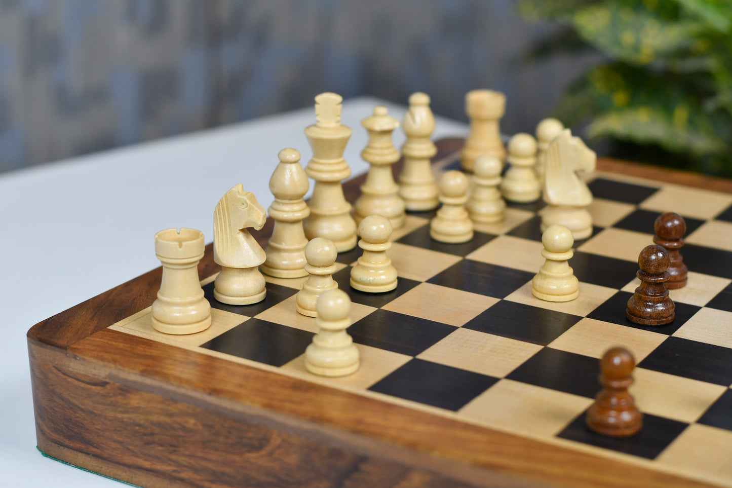 12-Inch Magnetic Travel Chess Set Drawer Storage Matte Finish Genuine Ebony Wood, Extra Queens