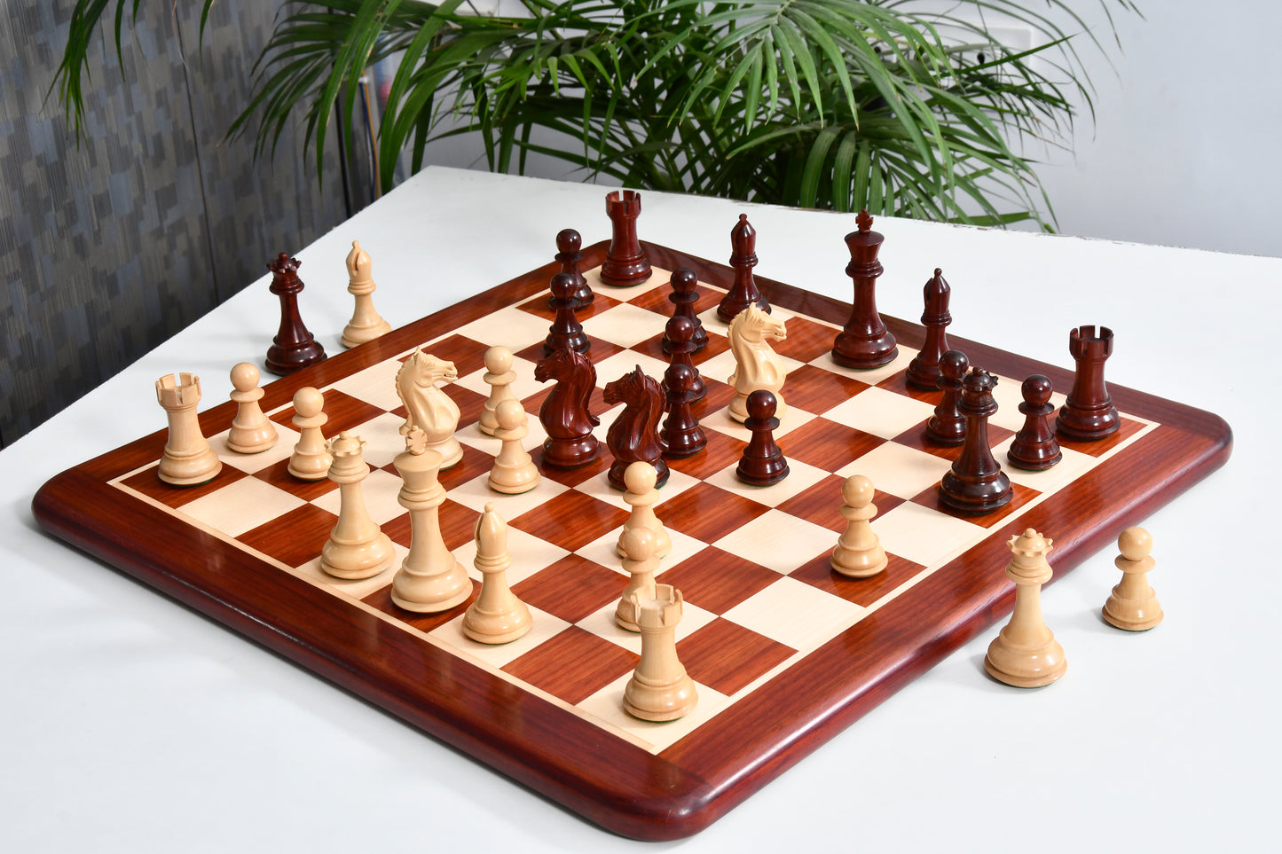 Combo Fierce Knight Staunton Series Chess Pieces in Bud Rosewood & Box Wood - 4.0" King with Chess Board