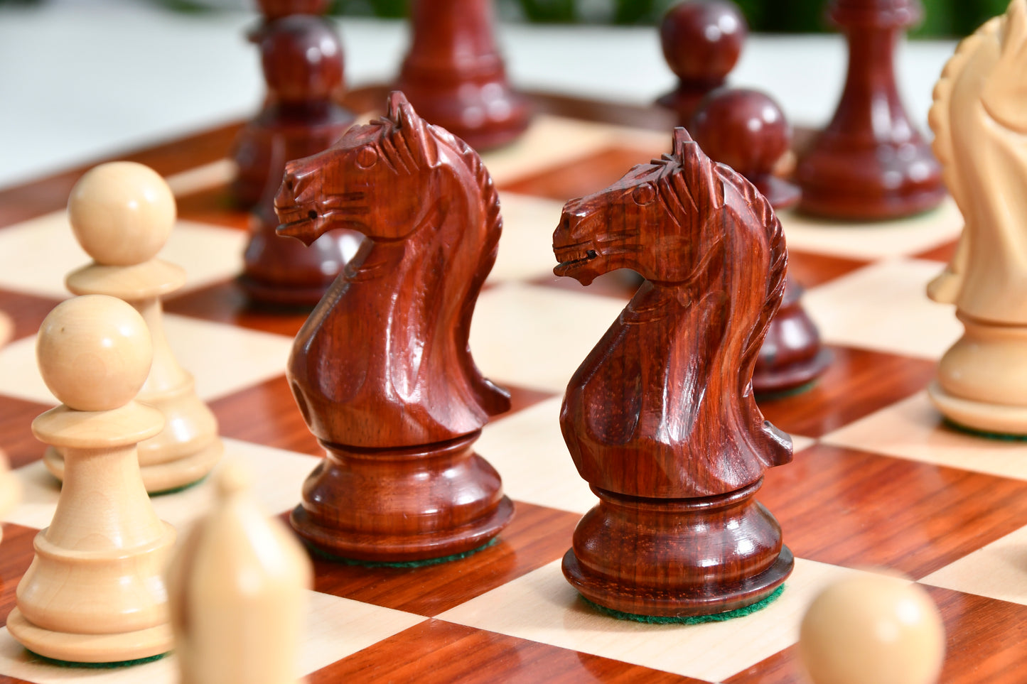 Combo Fierce Knight Staunton Series Chess Pieces in Bud Rosewood & Box Wood - 4.0" King with Chess Board