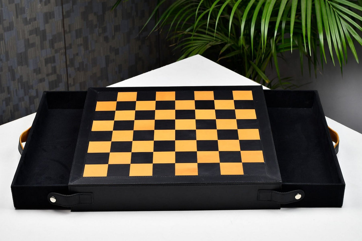 Genuine Leather Chess Board with Built-in Storage in Black Anigre & Antique Color 16" - 45mm