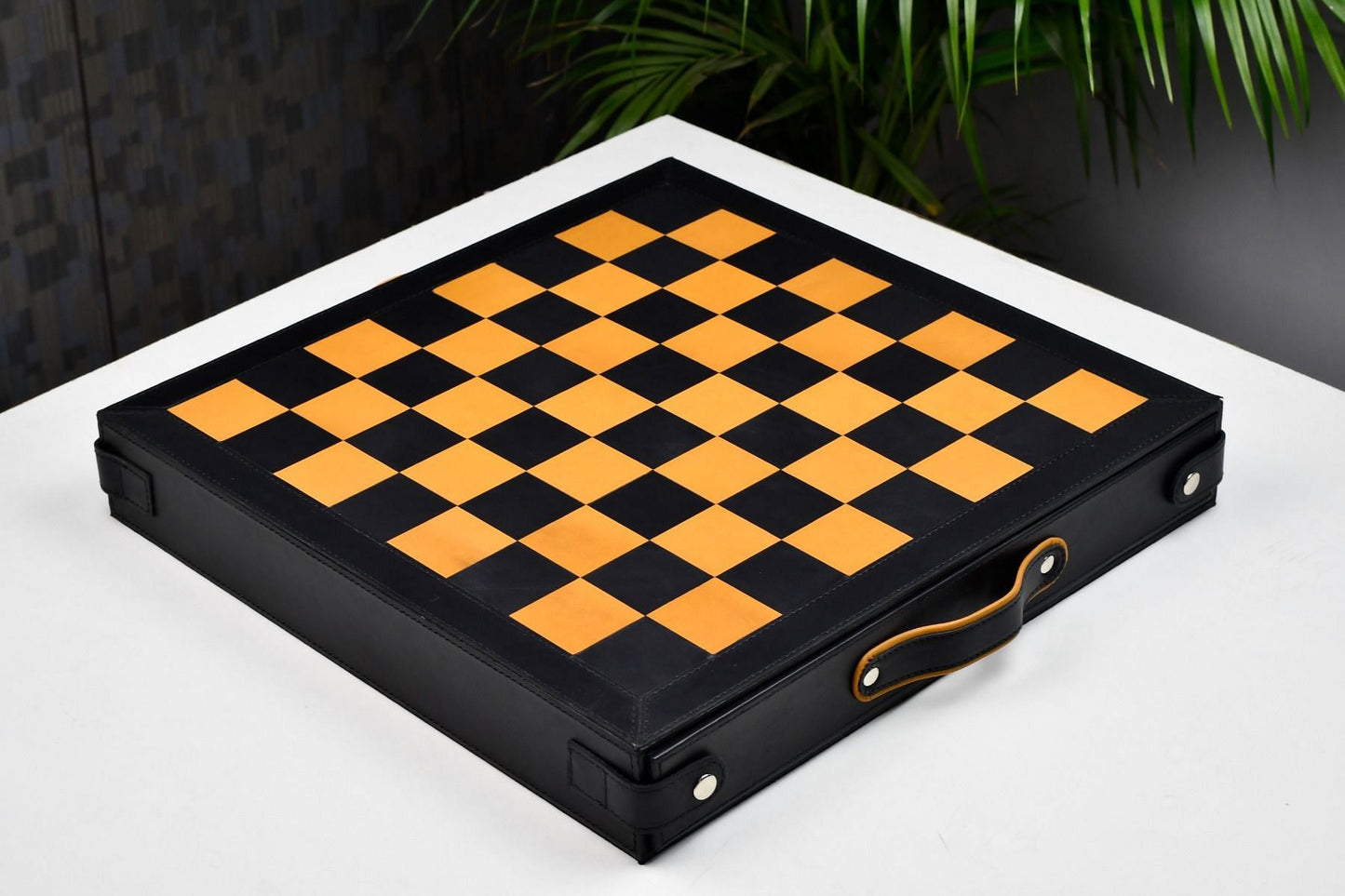 Genuine Leather Chess Board with Built-in Storage in Black Anigre & Antique Color 16" - 45mm