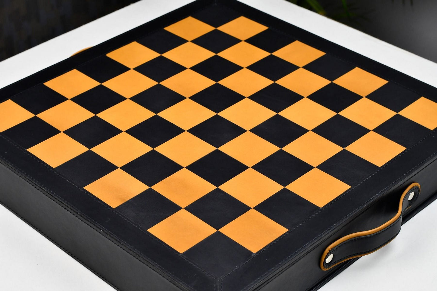 Genuine Leather Chess Board with Built-in Storage in Black Anigre & Antique Color 16" - 45mm