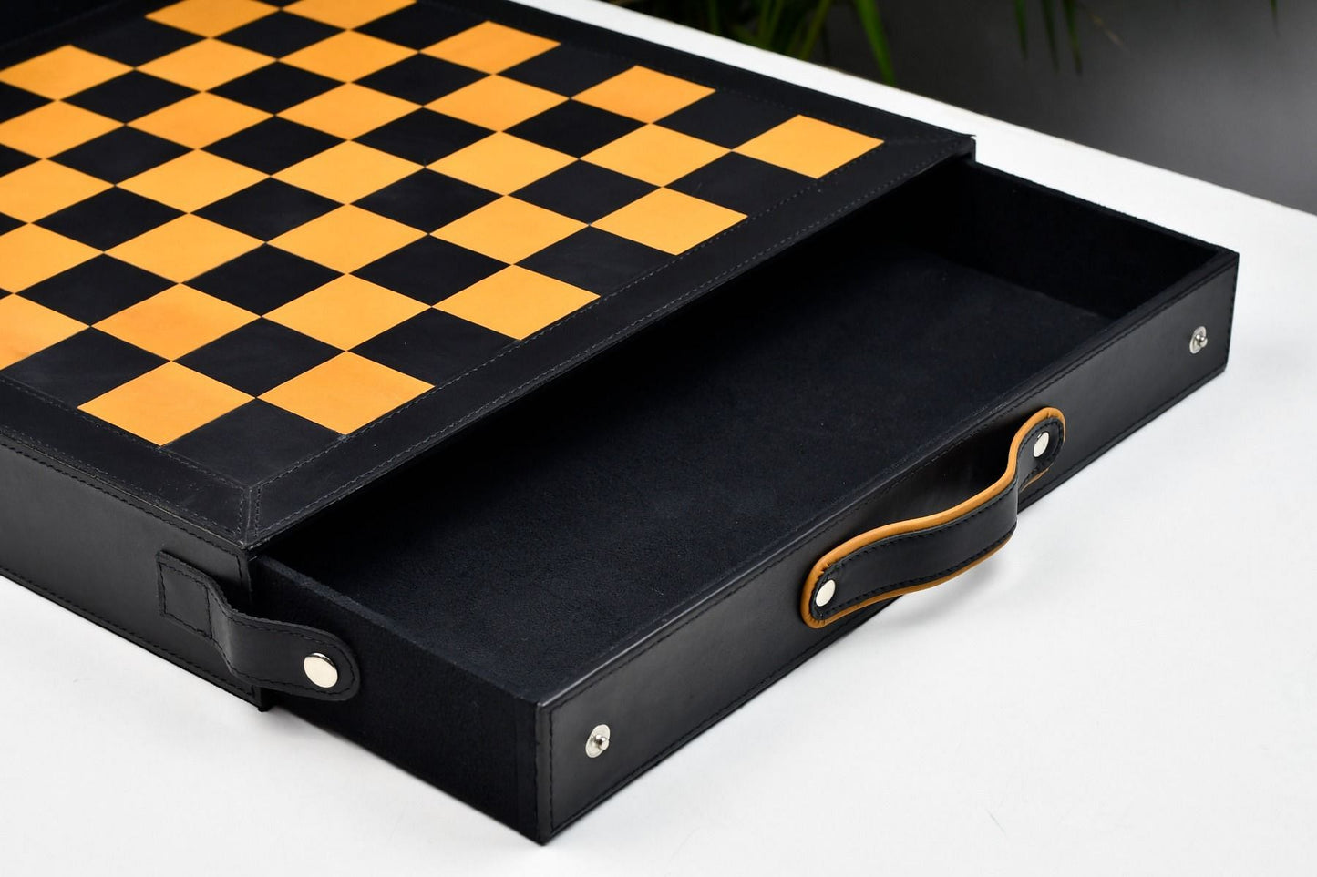 Genuine Leather Chess Board with Built-in Storage in Black Anigre & Antique Color 16" - 45mm