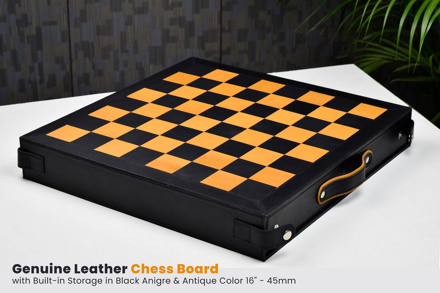 Genuine Leather Chess Board with Built-in Storage in Black Anigre & Antique Color 16" - 45mm