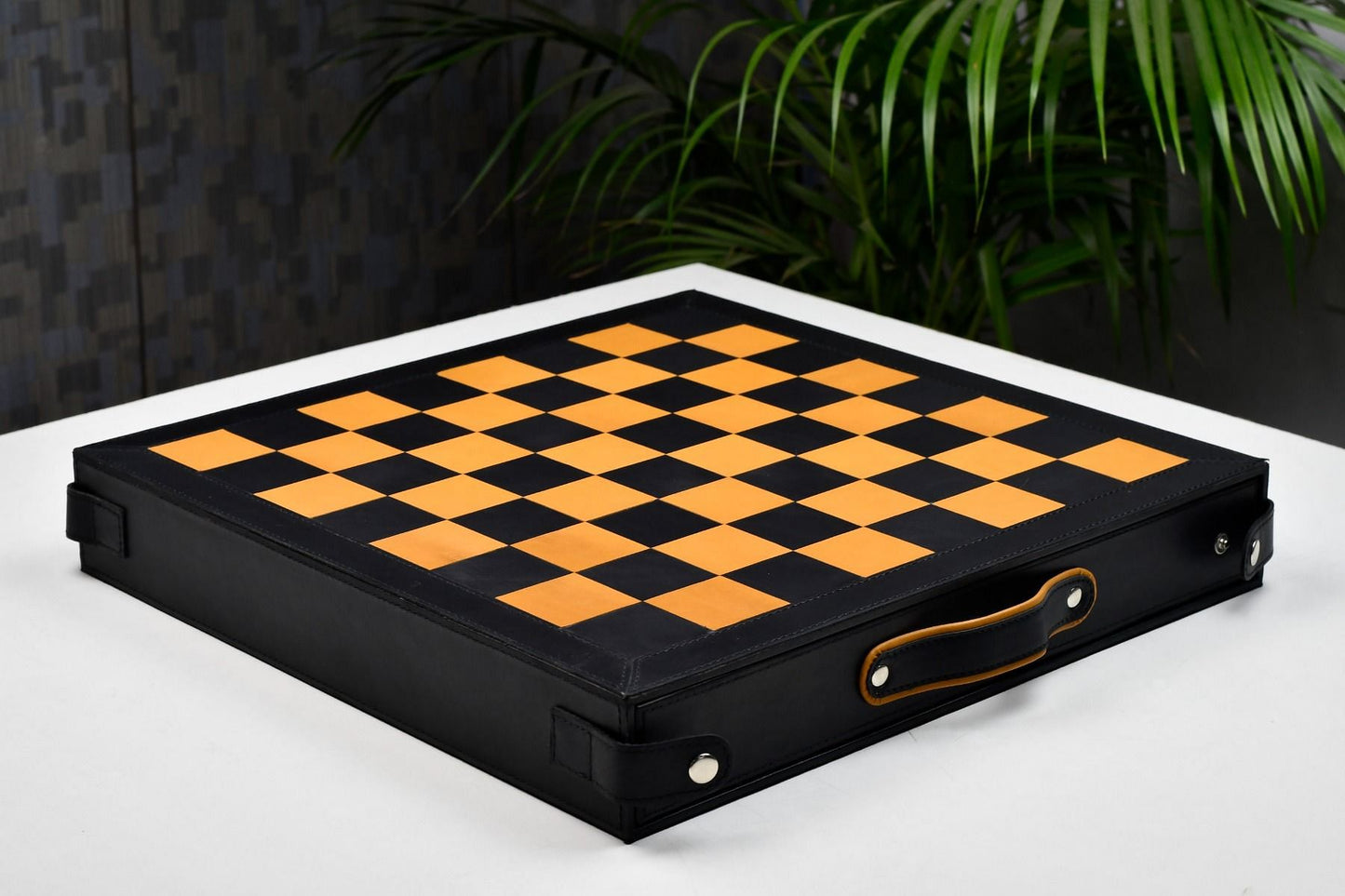 Genuine Leather Chess Board with Built-in Storage in Black Anigre & Antique Color 16" - 45mm