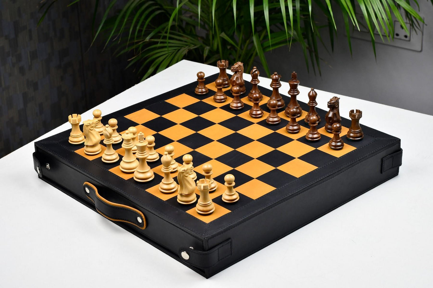 Genuine Leather Chess Board with Built-in Storage in Black Anigre & Antique Color 16" - 45mm