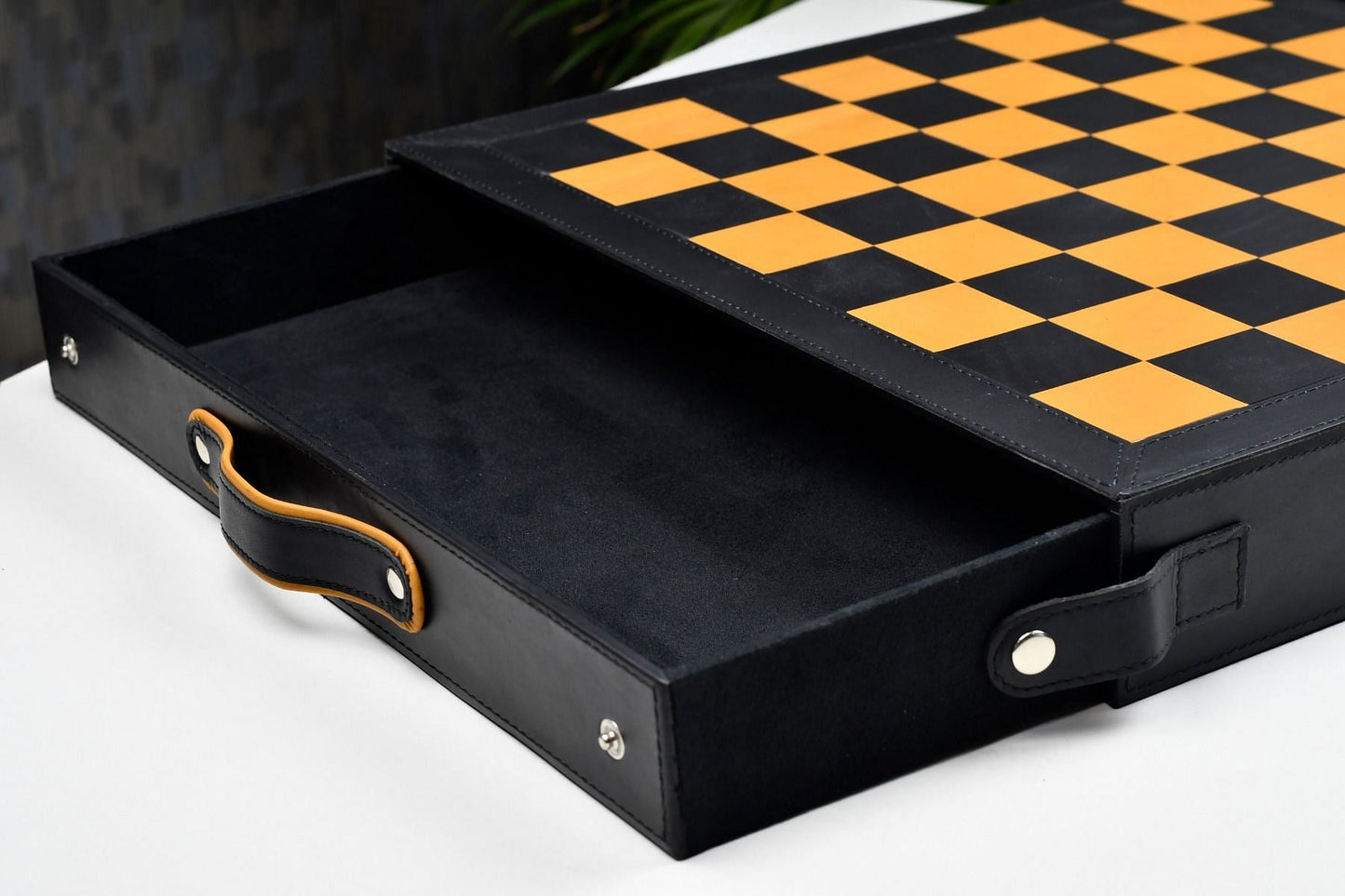 Genuine Leather Chess Board with Built-in Storage in Black Anigre & Antique Color 16" - 45mm