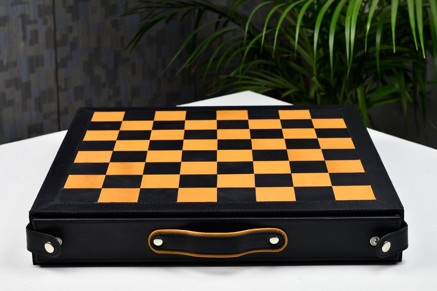 Genuine Leather Chess Board with Built-in Storage in Black Anigre & Antique Color 16" - 45mm