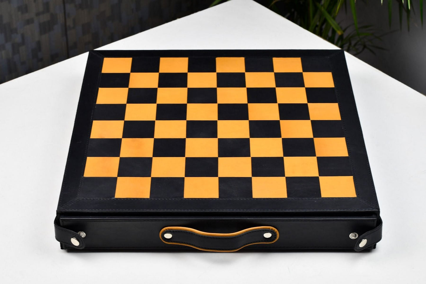 Genuine Leather Chess Board with Built-in Storage in Black Anigre & Antique Color 16" - 45mm