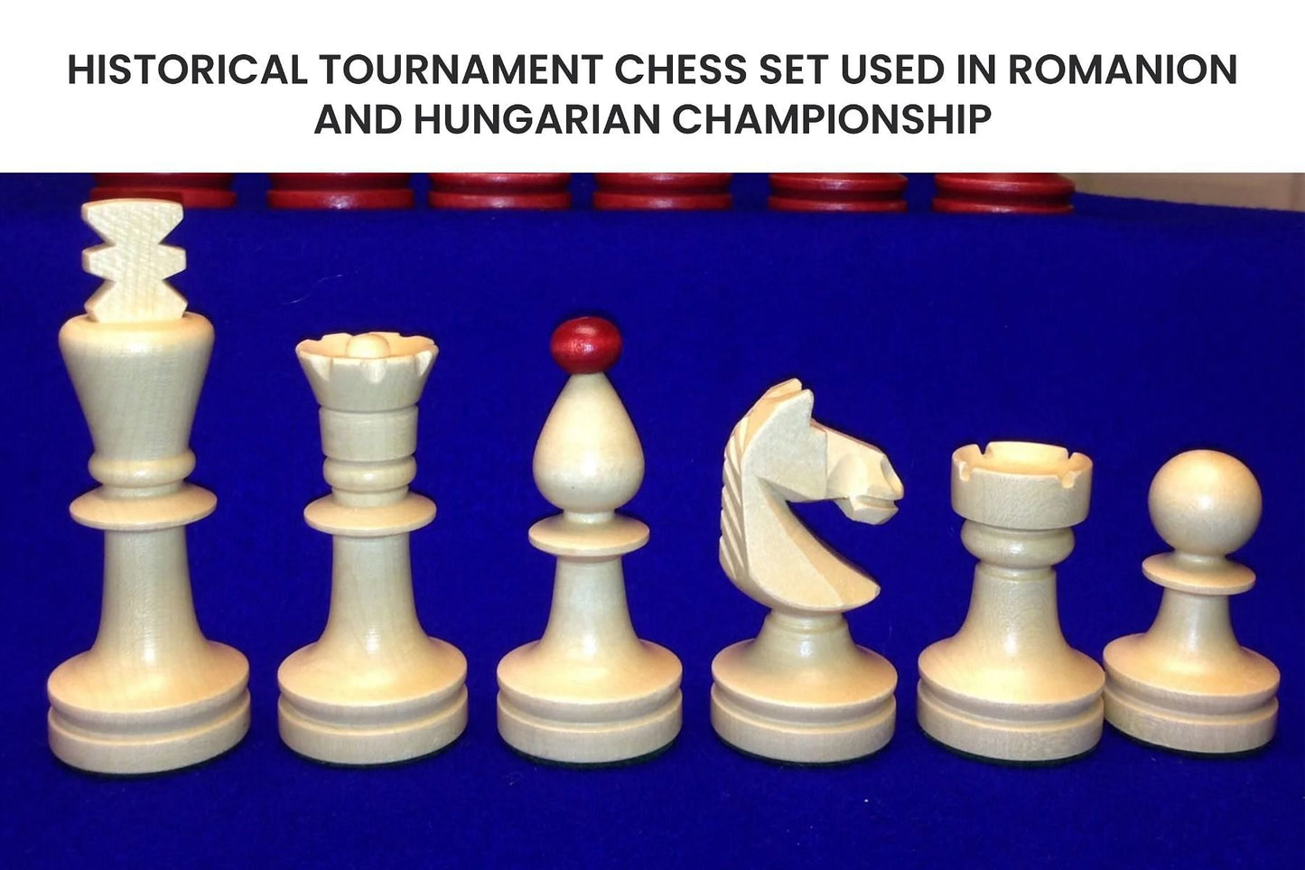 Reproduced Romanian-Hungarian National Tournament Chess Set in Stained Crimson Boxwood & Natural Boxwood - 3.8" King