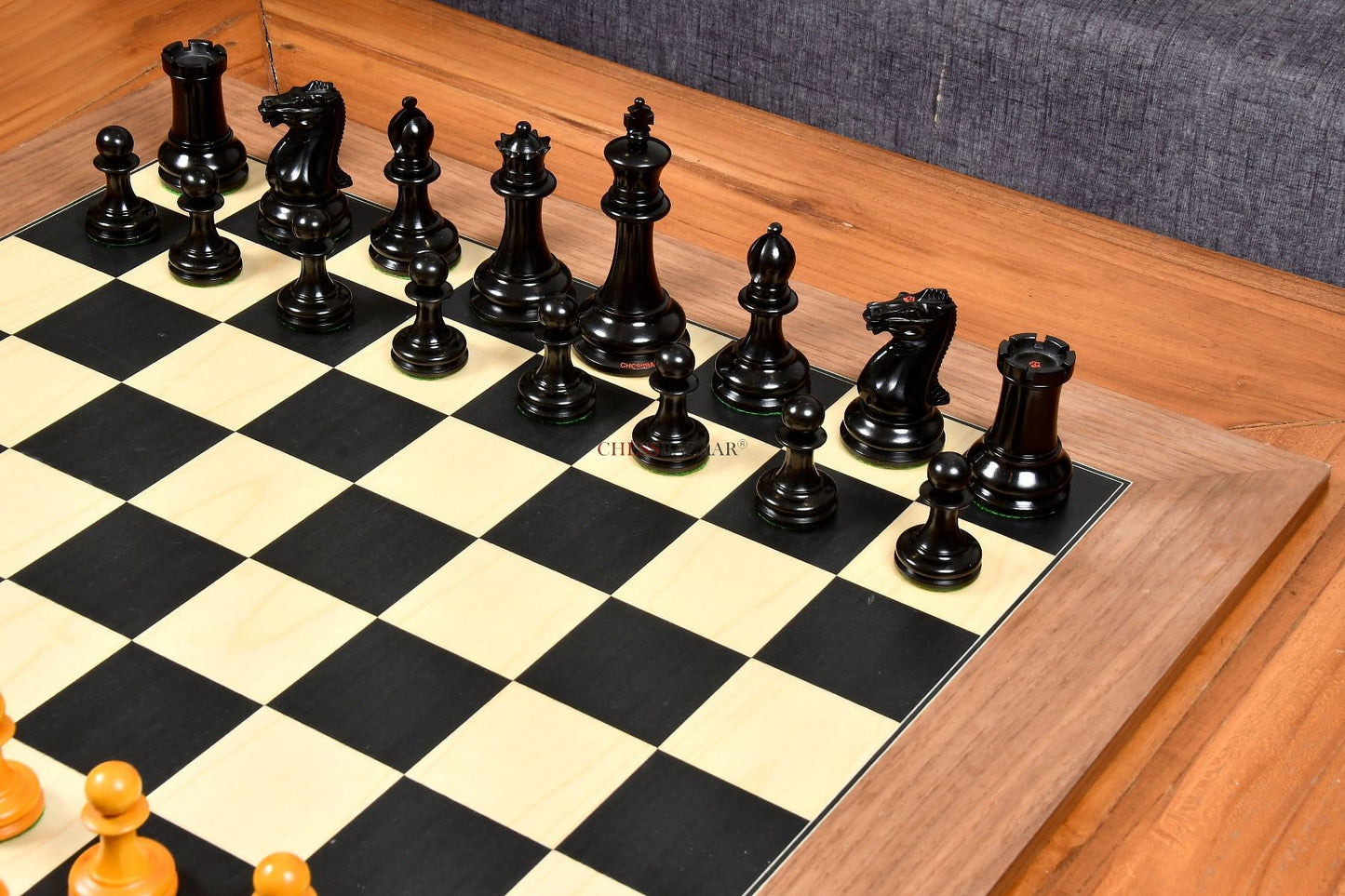Reproduced 1849 Original Staunton Pattern Triple Weighted Chess Pieces in Genuine Ebony & Antiqued Boxwood - 4.5" King w/ King Side Stamping