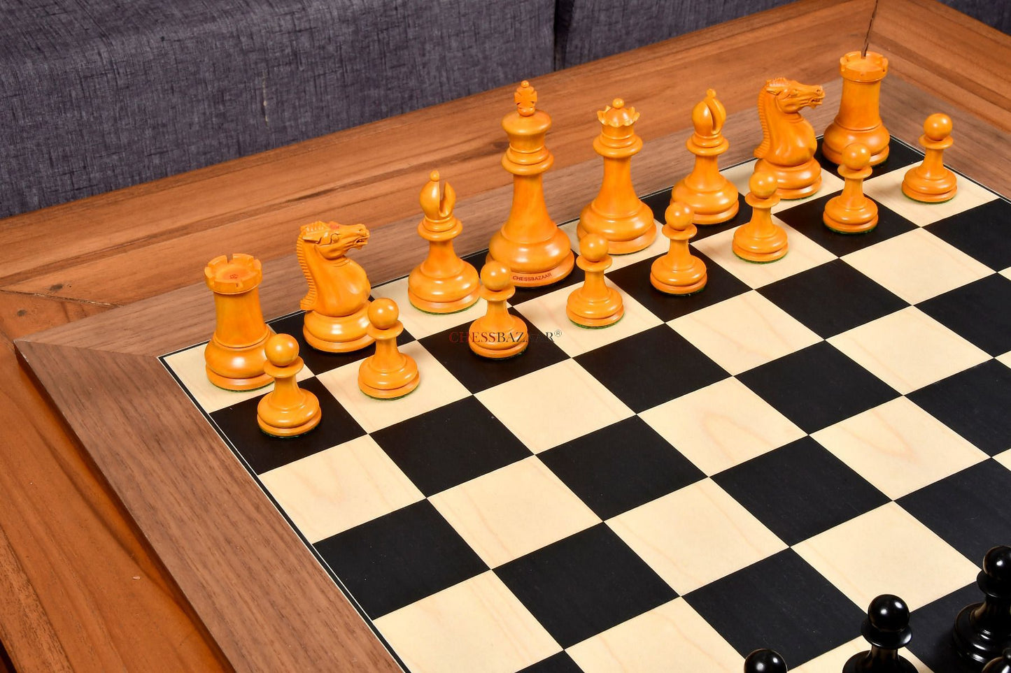 Reproduced 1849 Original Staunton Pattern Triple Weighted Chess Pieces in Genuine Ebony & Antiqued Boxwood - 4.5" King w/ King Side Stamping