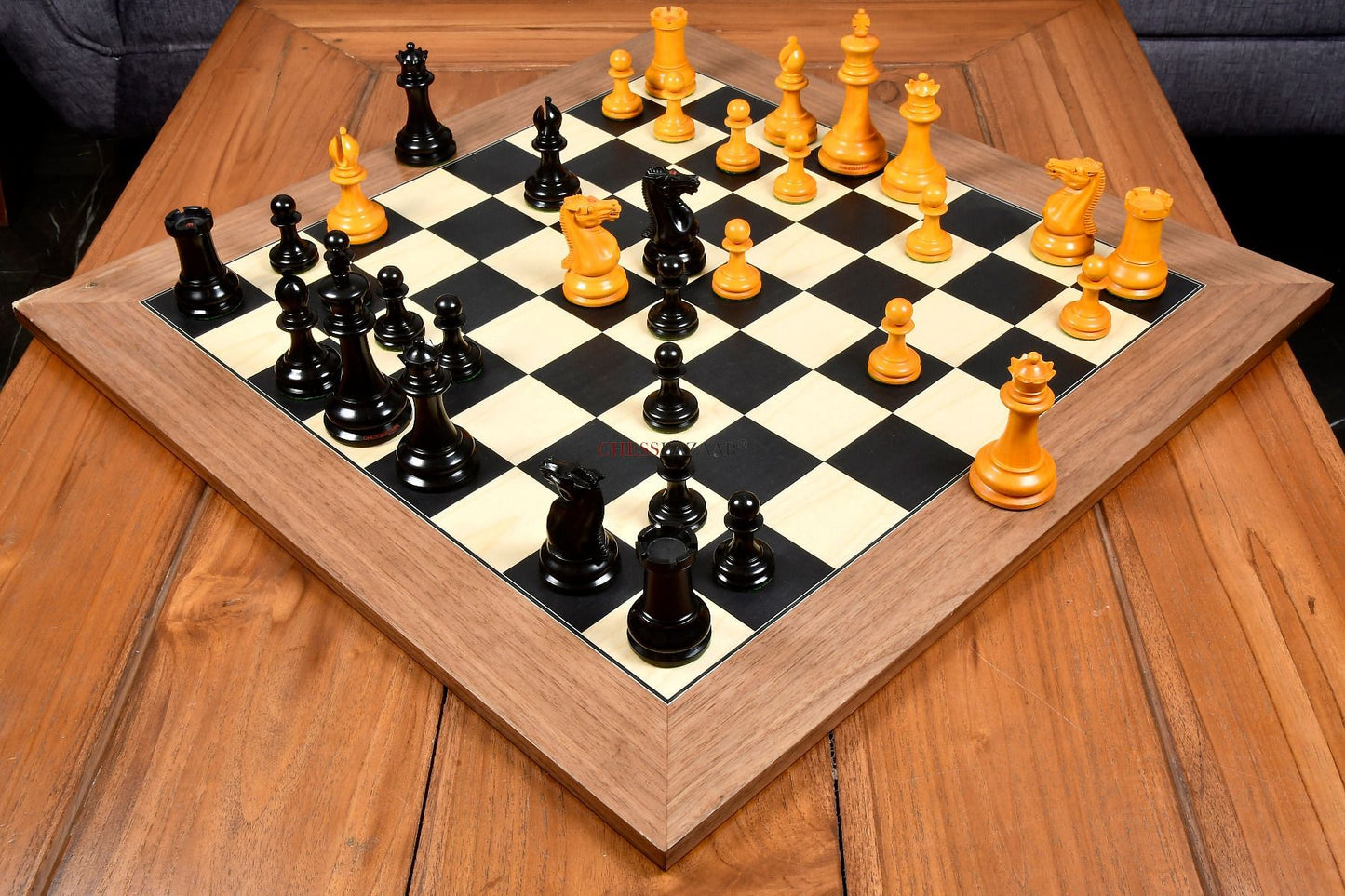 Reproduced 1849 Original Staunton Pattern Triple Weighted Chess Pieces in Genuine Ebony & Antiqued Boxwood - 4.5" King w/ King Side Stamping