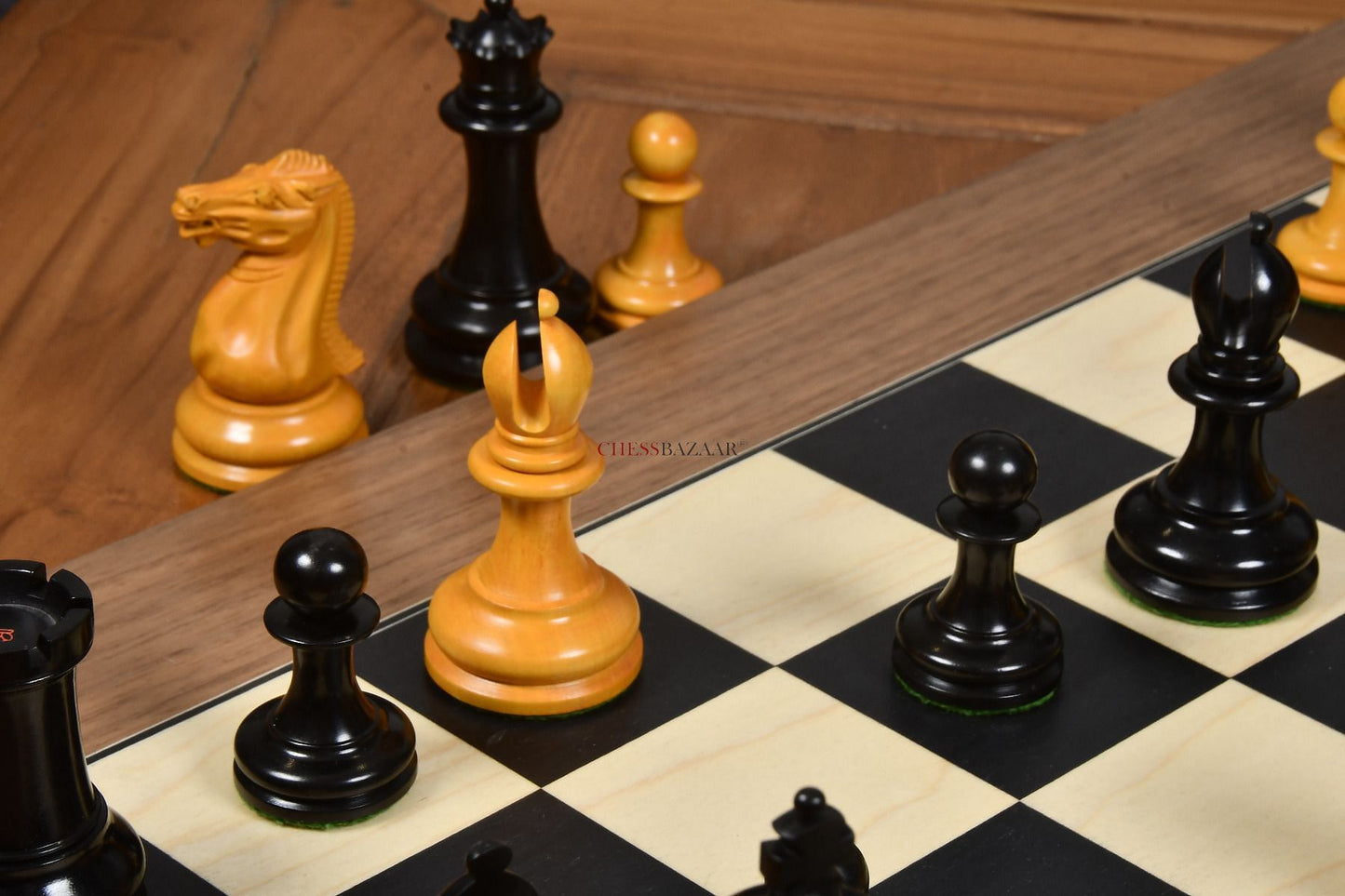 Reproduced 1849 Original Staunton Pattern Triple Weighted Chess Pieces in Genuine Ebony & Antiqued Boxwood - 4.5" King w/ King Side Stamping
