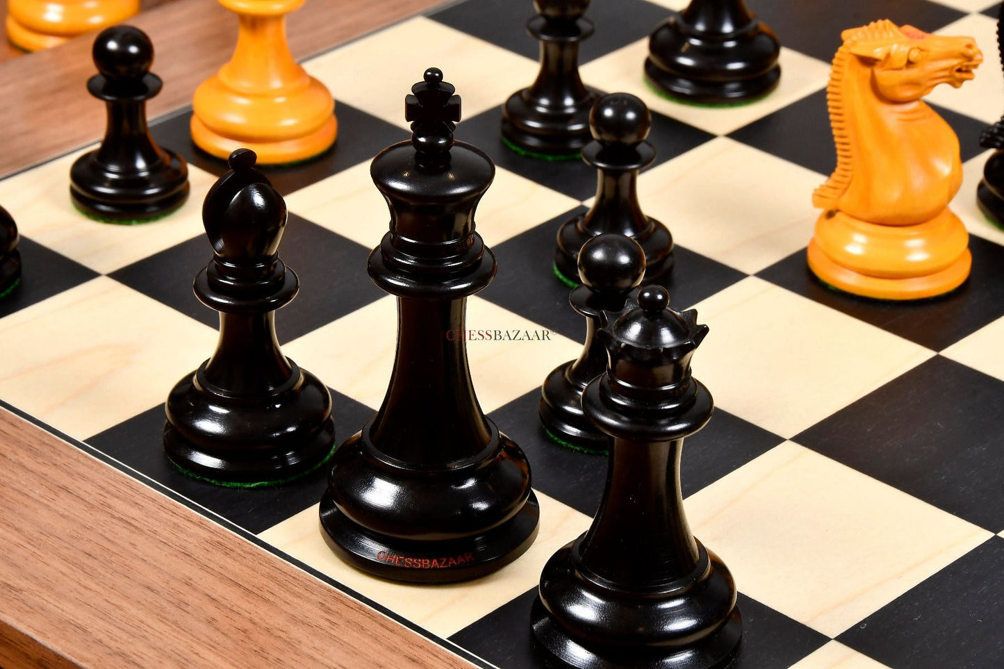 Reproduced 1849 Original Staunton Pattern Triple Weighted Chess Pieces in Genuine Ebony & Antiqued Boxwood - 4.5" King w/ King Side Stamping